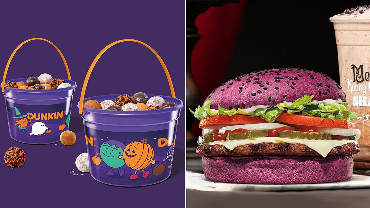 Dunkin' y Burger King han publicado sus artículos de menú para Halloween 2024, que incluyen una hebilla morada de agujeros de donut y un Whopper con un panecillo morado.