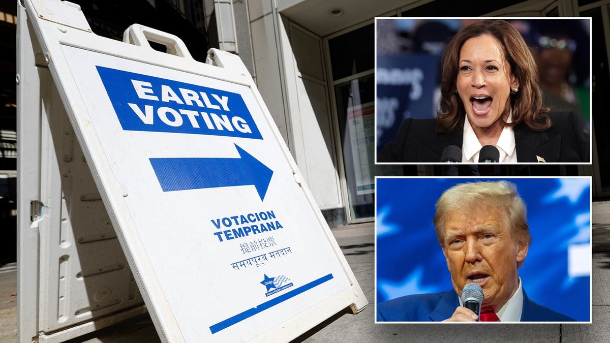 A polling spot advertises early voting pinch Kamala Harris and Donald Trump inserts