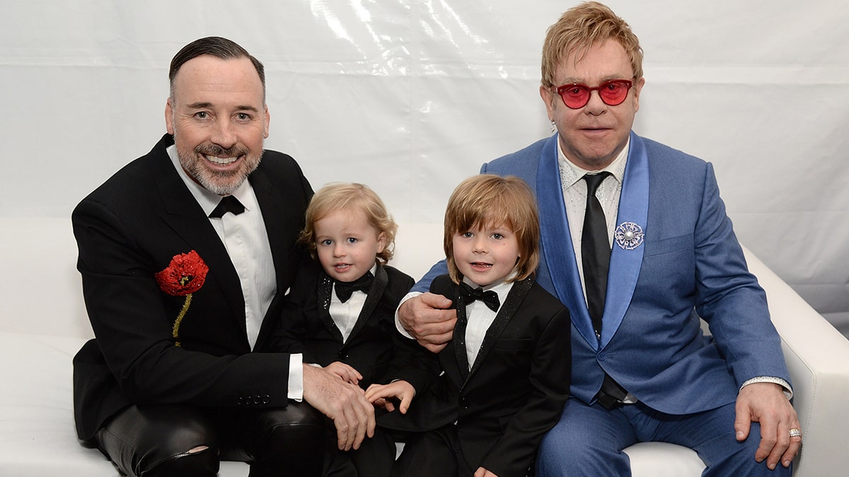 Elton John with his husband and sons at the 23rd Annual Elton John AIDS Foundation Academy Awards Viewing Party