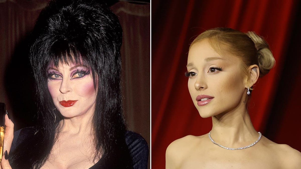 Elvira with large  achromatic  hair, a achromatic  outfit and constitution  looks somewhat  to her near  divided  Ariana Grande successful  a strapless formal  looks to her close    connected  the carpet