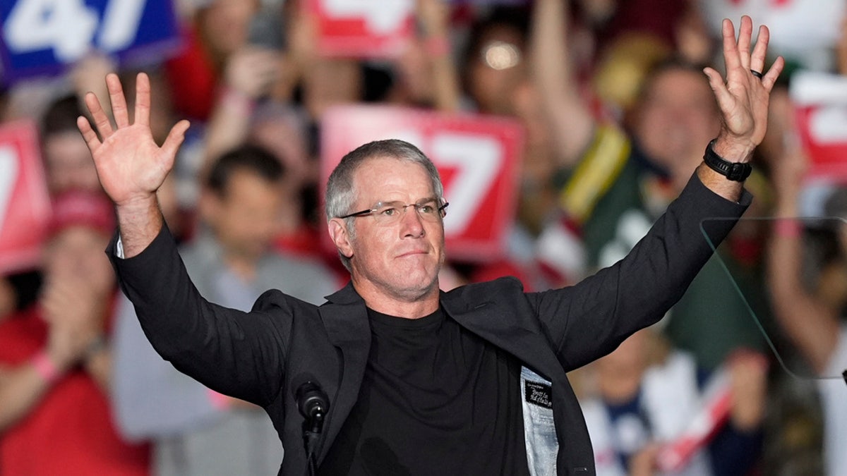 Former Green Bay Packers quarterback Brett Favre speaks before Republican presidential nominee former President Trump at a campaign rally at the Resch Center, Wednesday, in Green Bay, Wis.