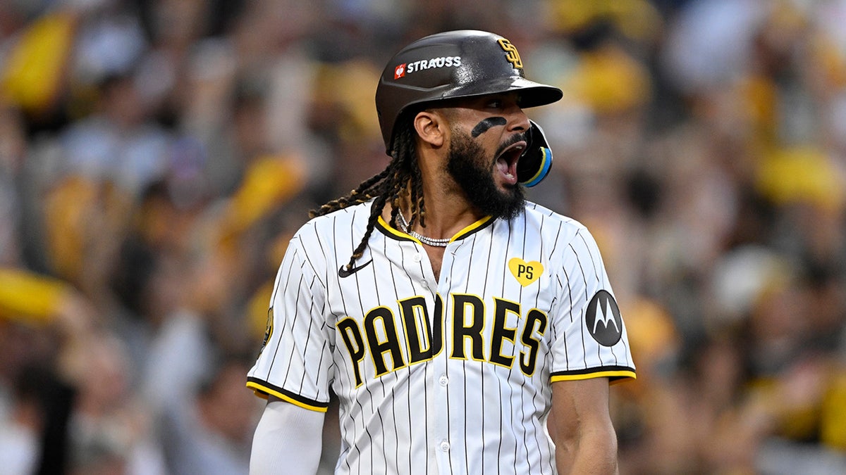 Fernando Tatis Jr. celebrates his goal