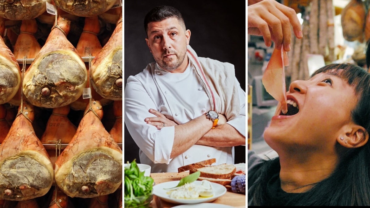 Chef Joe Isidori of Arthur & Sons in New York City, center, fears swine fever in Italy could impact his menu in the U.S. At left, Ruliano prosciutto cures in Riano di Langhirano, Italy. At right, a woman savors prosciutto in Parma, Italy. 