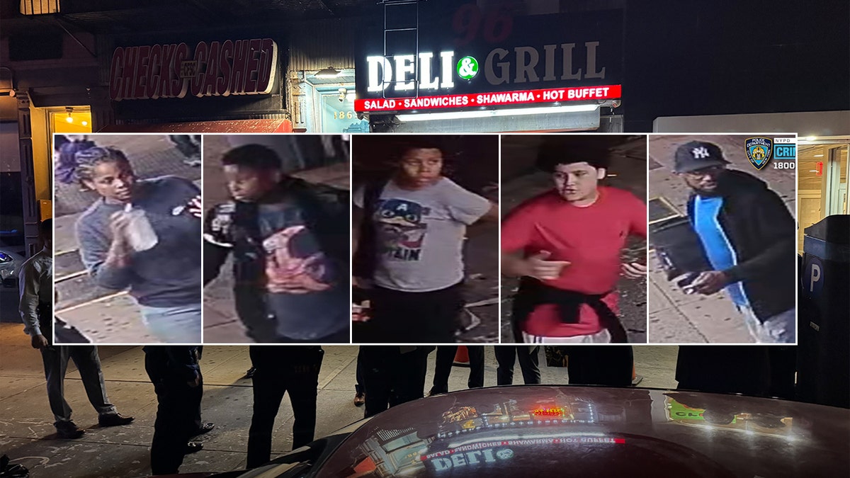 A split image shows five suspects in an attack on former Gov. David Paterson, inserted over an image of the crime scene.