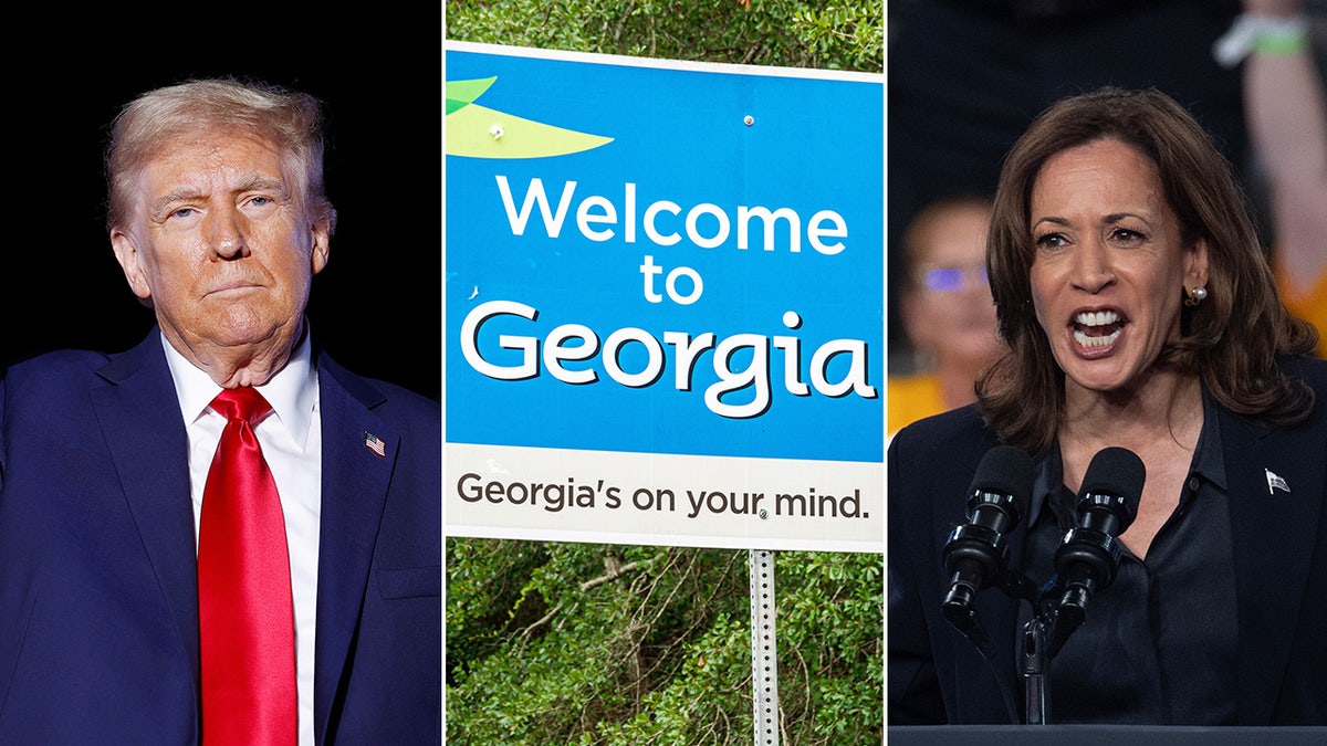 Donald Trump and Kamala Harris in the wings, Georgia signs in the center