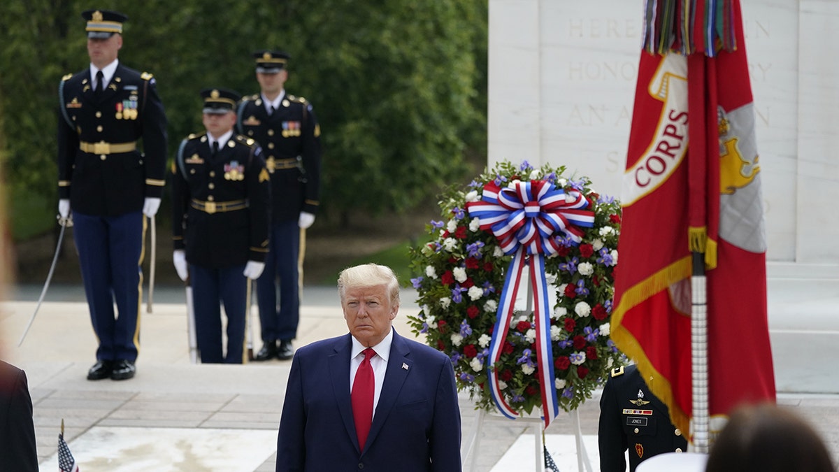 Former President Donald Trump pinch subject wreath astatine Arlington National Cemetery