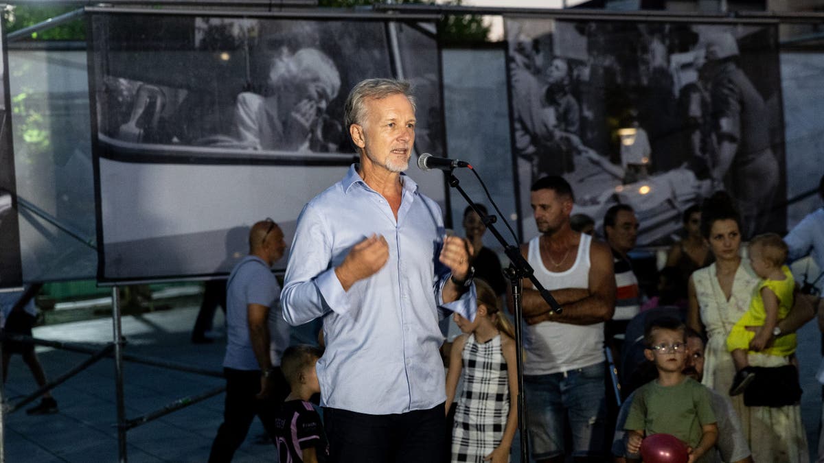 Paul Lowe shown in front of his personal exhibition in the first edition of Fotoist festival in town of Pristina, Kosovo on August 25, 2023. (Photo by Konstantinos Zilos/NurPhoto via Getty Images)