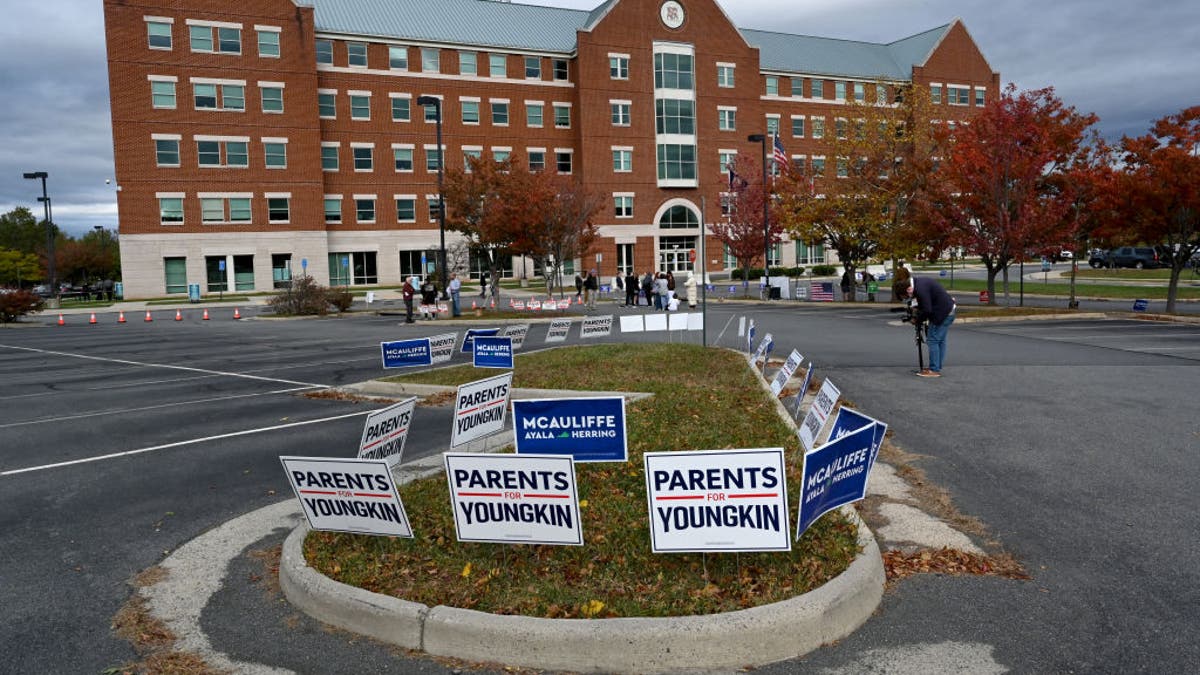 Parents for Youngkin signs on grass outside school board building