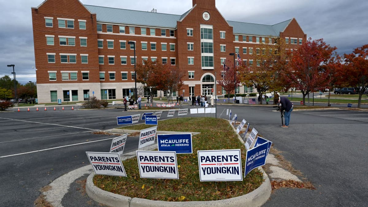 Parents for Youngkin signs on grass outside school board building