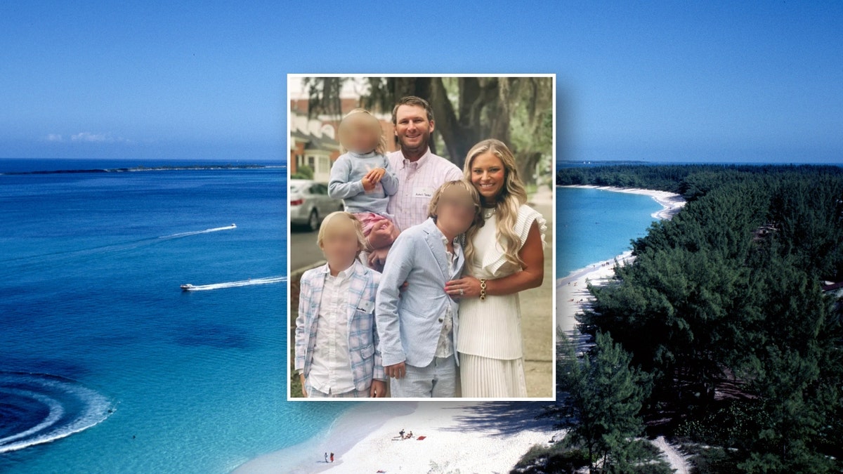 An aerial view of boats and beach lovers on Paradise Island Beach, on Nassau, Bahamas, below a photo of the Shiver family