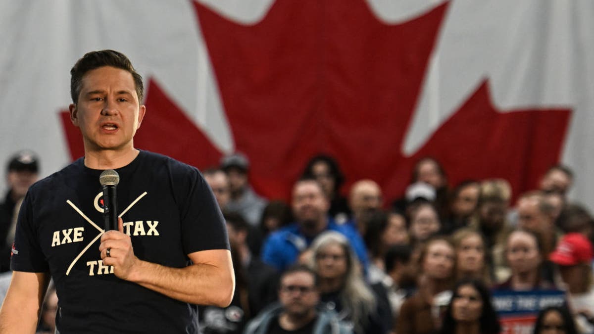 Leader of Canada's Conservative Party, Pierre Poilievre, speaks during a 'Spike the Hike - Axe the Tax' rally in Edmonton, on March 27, 2024, in Edmonton, Alberta, Canada.?