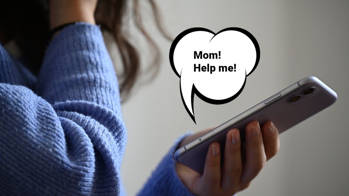 A graphic showing the words "Mom! Help me!" coming out of a phone