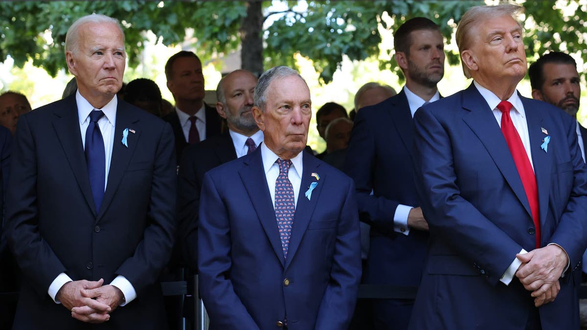 Left to right, President Biden, former New York Mayor Michael Bloomberg and former President Donald Trump attend the annual 9/11 commemoration ceremony at the National 9/11 Memorial and Museum on September 11, 2024 in New York City.