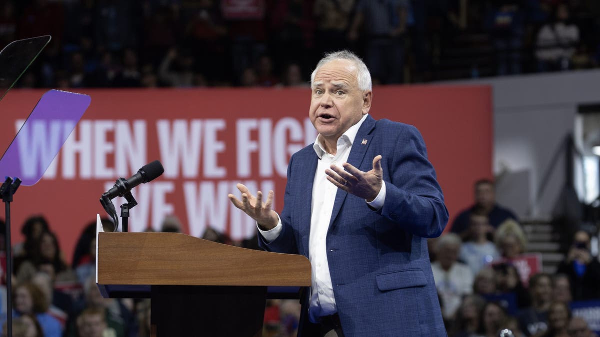  Democratic vice presidential nominee, Minnesota Gov. Tim Walz speaks at a get-out-the-vote rally on October 22, 2024 in Madison, Wisconsin. Wisconsin polls open today for in-person early voting.  (Photo by Scott Olson/Getty Images)