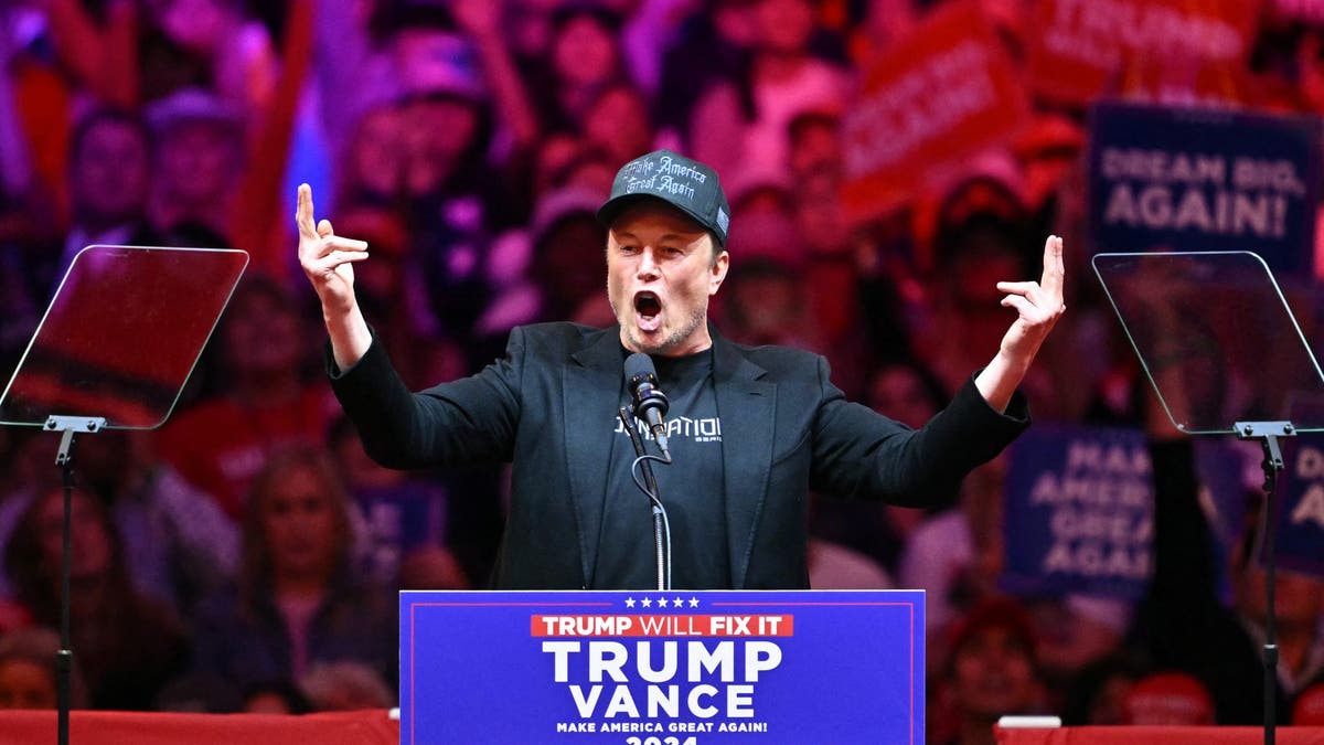 Elon Musk wearing a black suit stands behind a podium at a Trump Rally, looking riled up with his arms in the air