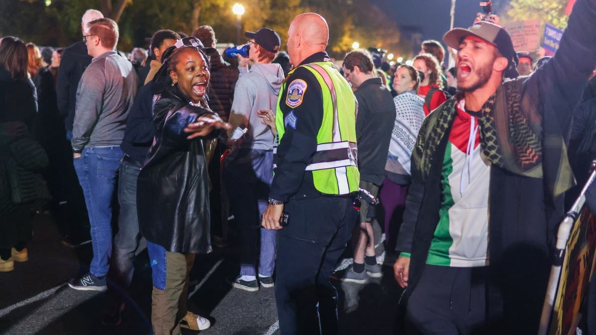 Protesters interacting pinch constabulary extracurricular Harris rally