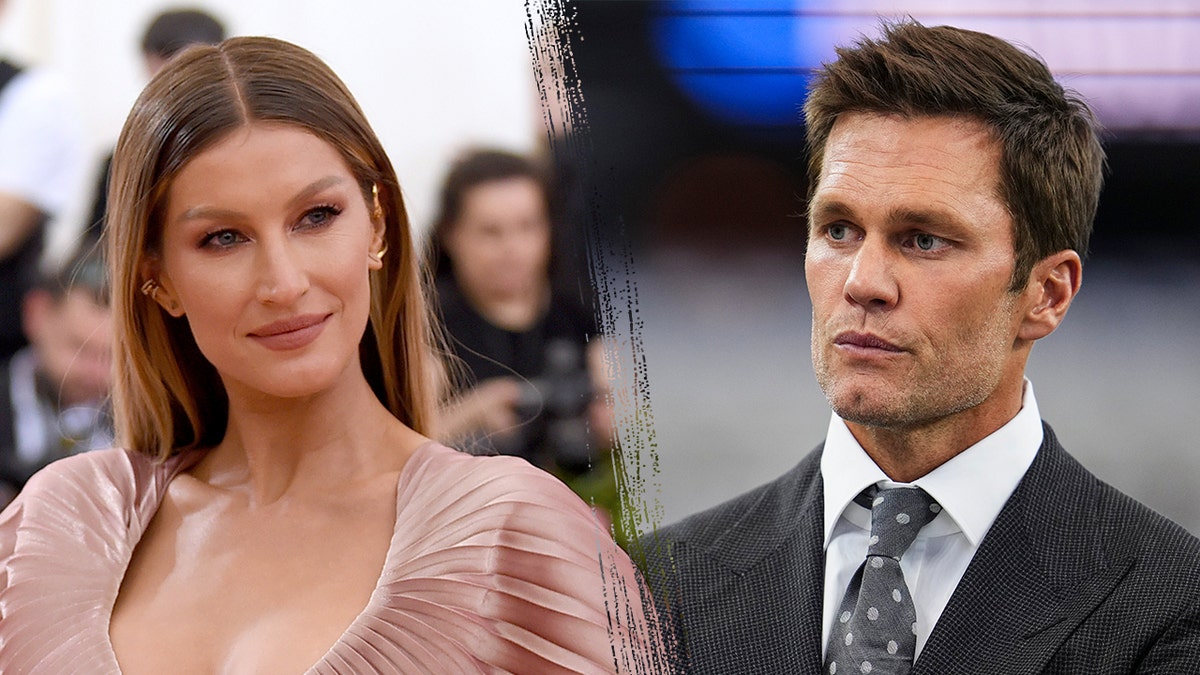 Gisele Bündchen, in a mauve pink satin dress, looks to her left on the divided carpet. Tom Brady, in a gray suit, looks serious to his right