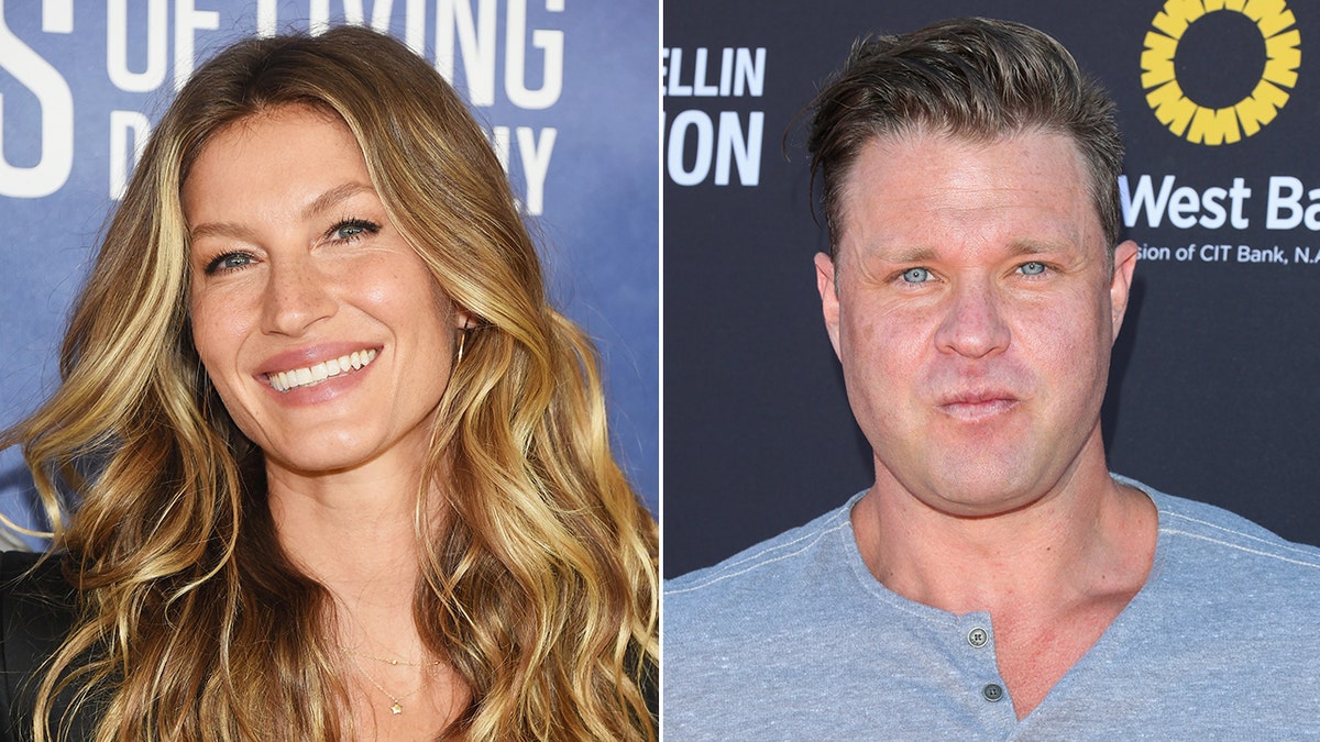 Gisele Bündchen smiles connected  the carpet with perfectly   cured hairsbreadth  Zachery Ty Bryan successful  a bluish  partially buttoned garment  connected  the carpet