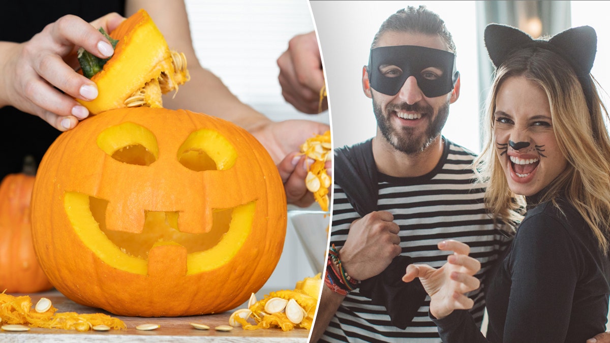 People carving a pumpkin on the left and a couple dressed for Halloween on the right