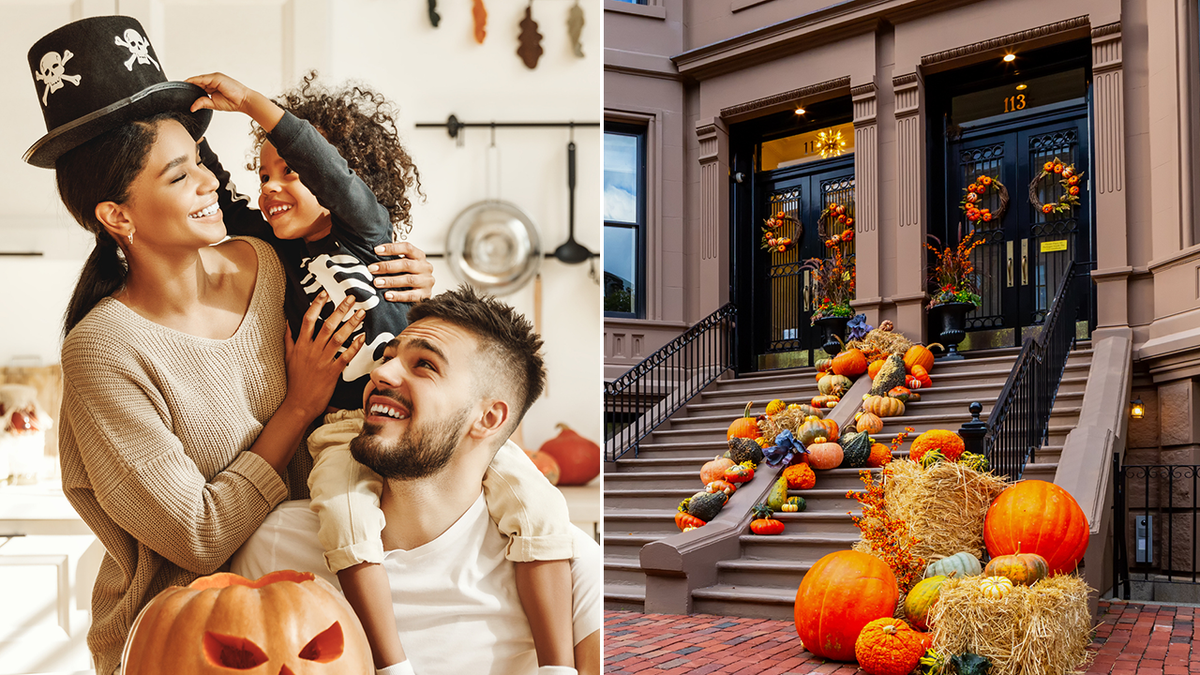 Halloween family and front door step