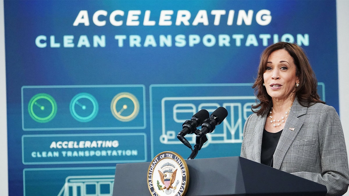 Vice President Kamala Harris at podium