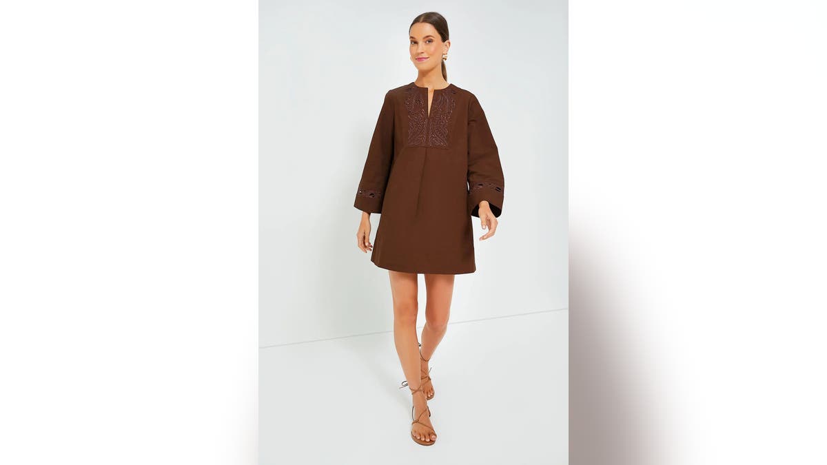 This embroidered formal  from Tuckernuck comes successful  a beauteous   shadiness  of brown.