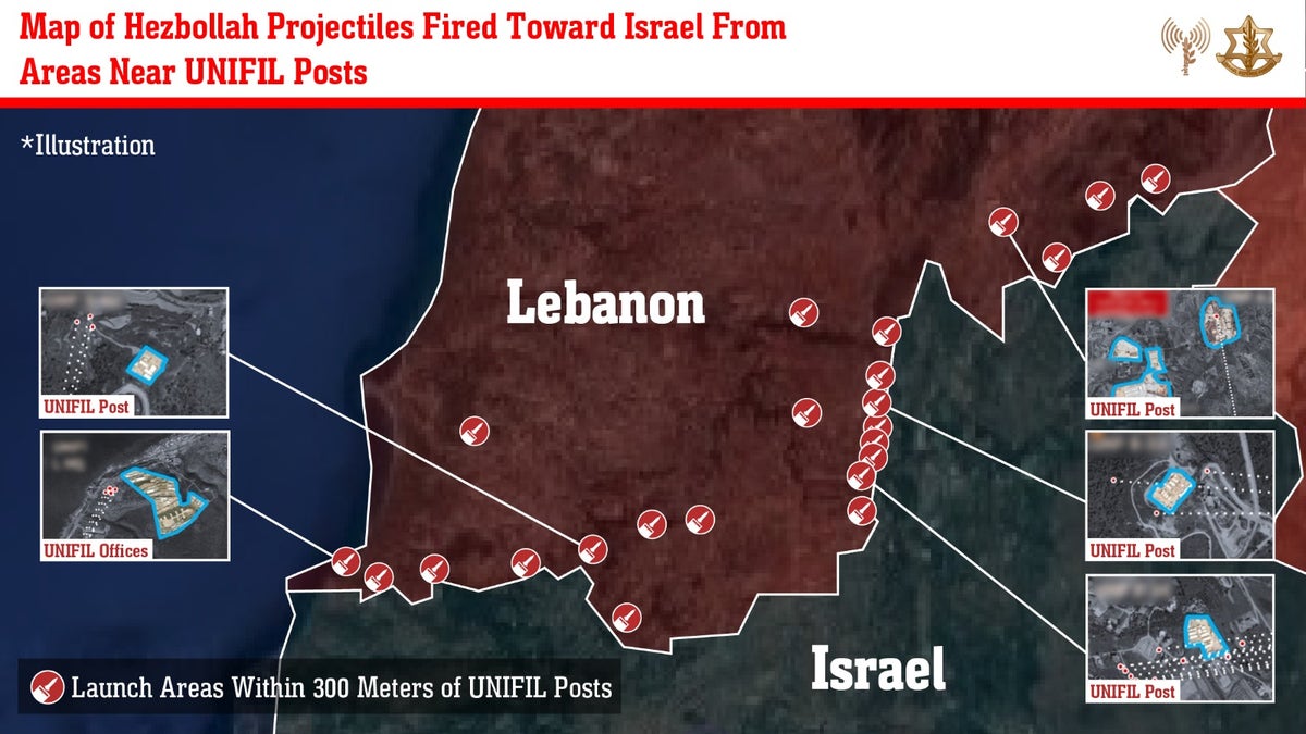 Una infografía de las FDI que muestra lo que afirma son lanzamientos de Hezbolá hacia Israel desde lugares cercanos a los puestos de la FPNUL.