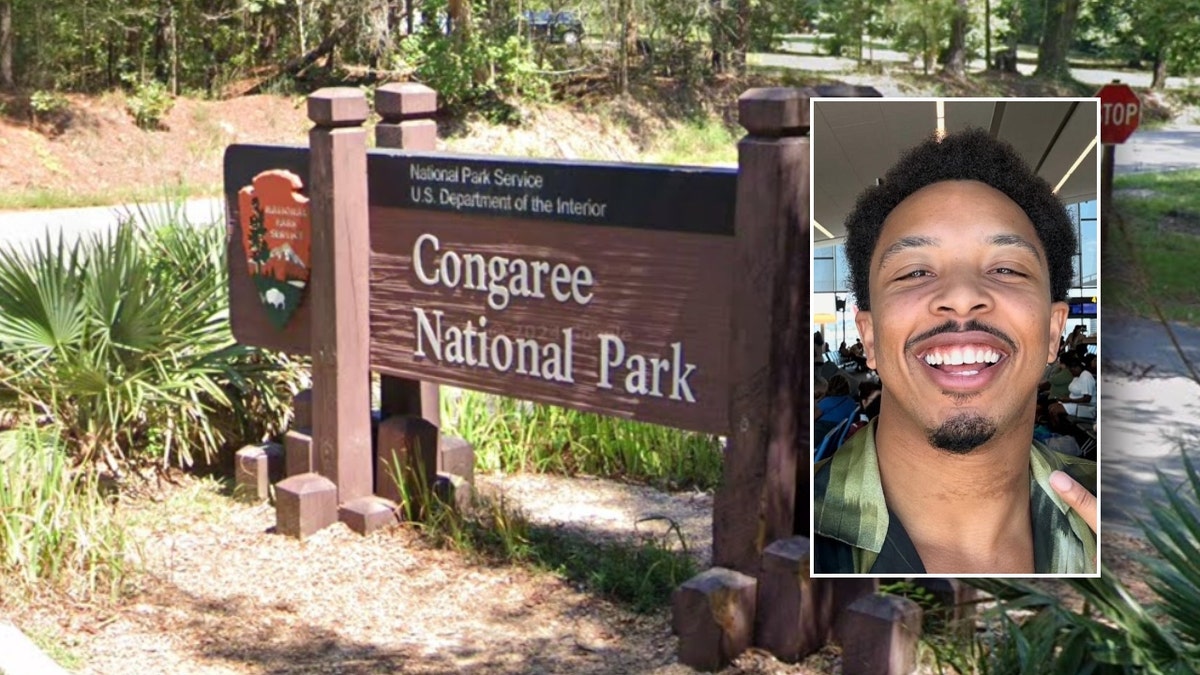 A photo of the Conagree National Park sign below a photo by Zelig Williams.