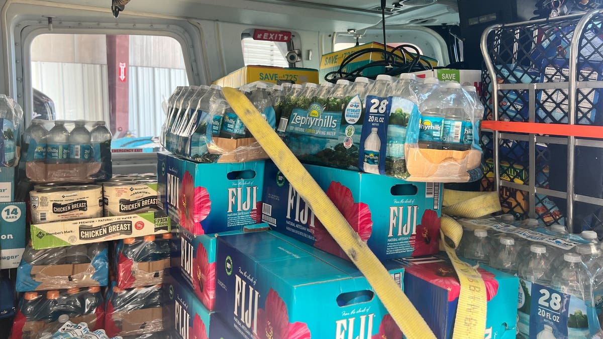 Bottles of water and other hurricane relief supplies in the helicopter