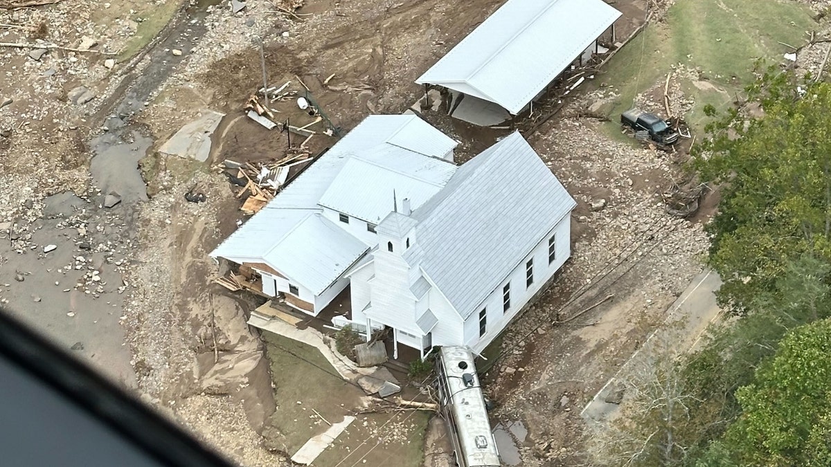 A religion damaged aft Hurricane Helene from a bird's-eye view