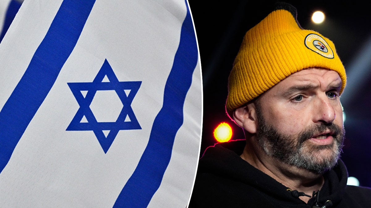 Left photo: Israel flag. Right photo: Sen. John Fetterman