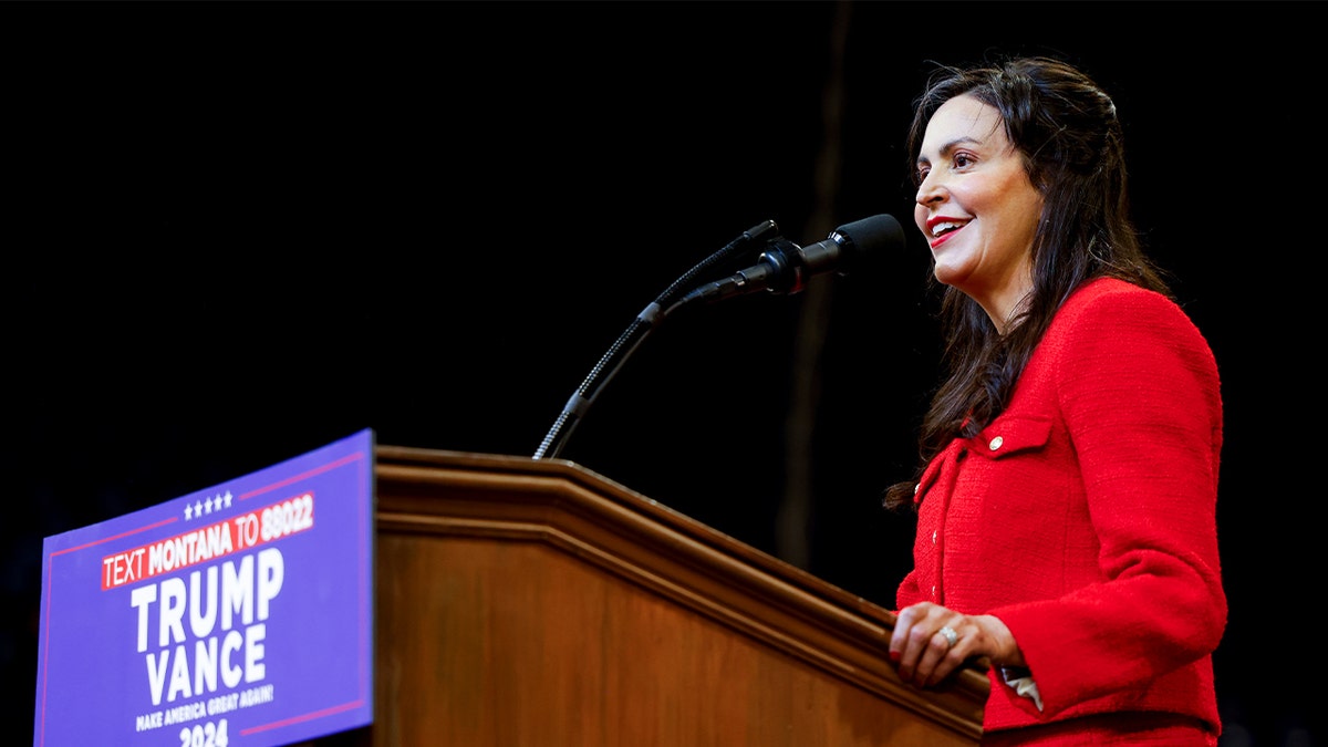  Montana Secretary of State Christi Jacobsen speaks during a rally for Republican statesmanlike nominee, erstwhile U.S. President Donald Trump connected August 9, 2024 successful Bozeman, Montana.