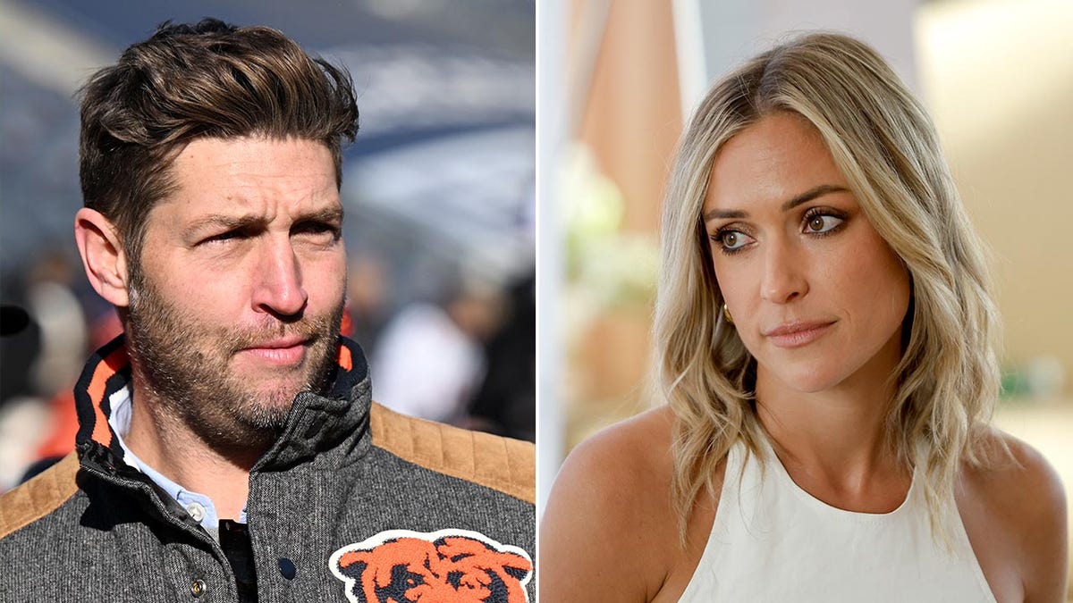 Jay Cutler in a gray Chicago Bears letterman jacket looks slightly split to the left. Kristin Cavallari in a white tank top looks right