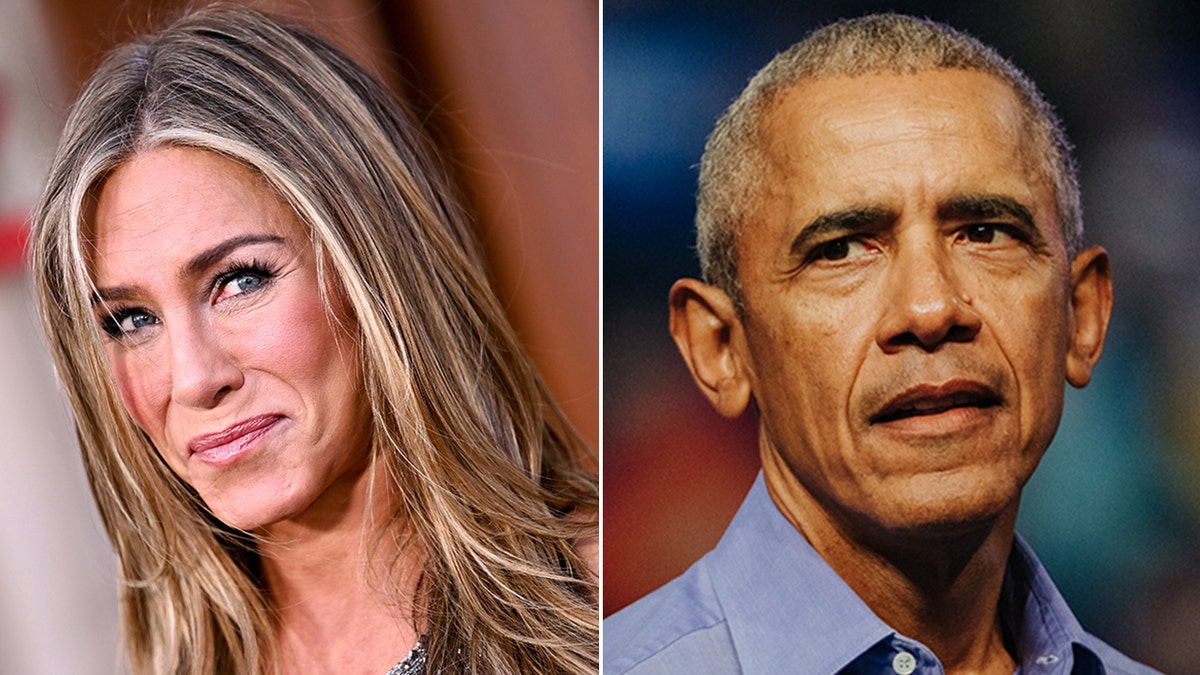 Jennifer Aniston smirks on the carpet looking to her left split Barack Obama in a blue button down shirt looks slightly perturbed looking off to his right