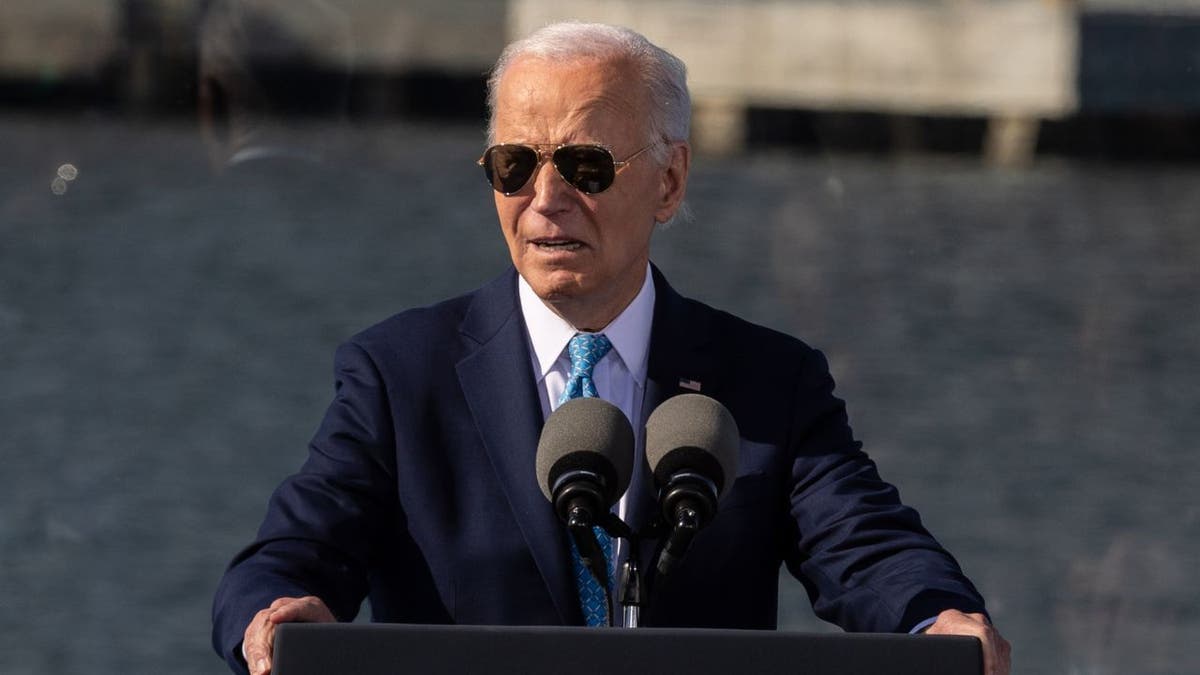 President Joe Biden delivers a code   astatine  Dundalk Marine Terminal successful  Baltimore. (Amy Davis/Baltimore Sun/Tribune News Service via Getty Images)