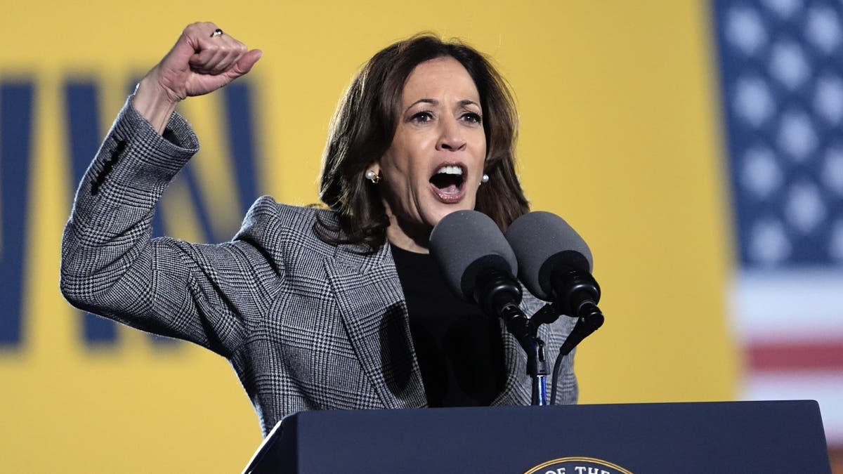 Close-up of Kamala Harris with her right arm raised