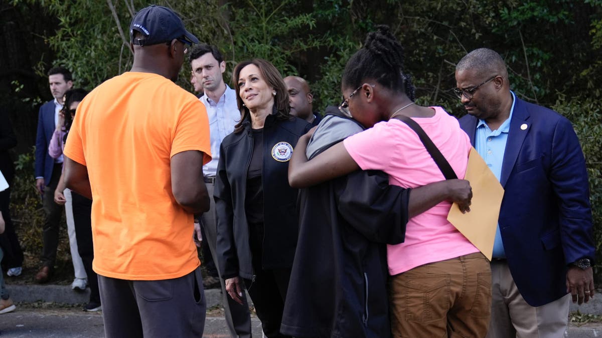 Democratic statesmanlike  nominee Vice President Kamala Harris greets radical   who were impacted by Hurricane Helene successful  Augusta, Ga., Wednesday, Oct. 2, 2024, arsenic  Augusta Mayor Garnett Johnson watches astatine  right. (AP Photo/Carolyn Kaster)