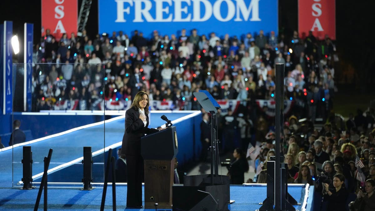 Vice President Kamala Harris speaks durning a campaign rally in Washington, Tuesday, Oct. 29, 2024.