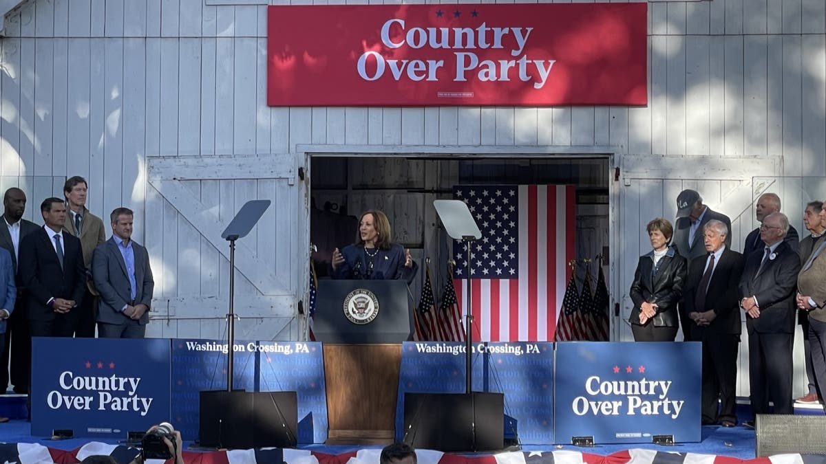 Vice President Kamala Harris, the Democratic presidential nominee, is joined on stage by a group of leading anti-Trump Republicans at a campaign event in Washington Crossing, Pennsylvania, on Wednesday.