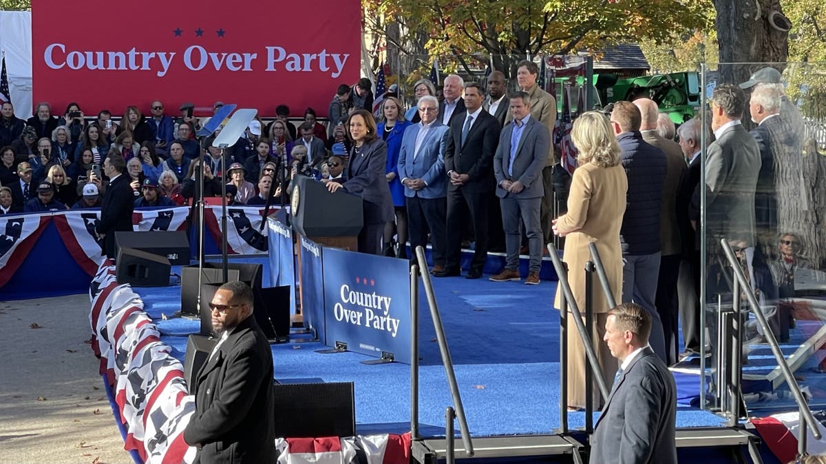 Vice President Kamala Harris, the Democratic presidential nominee, speaks at a campaign event with leading Republican supporters of her White House campaign, on Oct. 16, 2024 in Washington Crossing, Pennsylvania