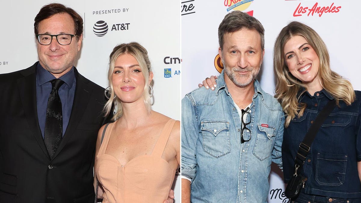 Bob Saget in a black suit smiles softly on the carpet with wife Kelly Rizzo in a peach jumpsuit with a slit Breckin Meyer in a denim shirt looks at the camera as Kelly Rizzo in black leans towards him