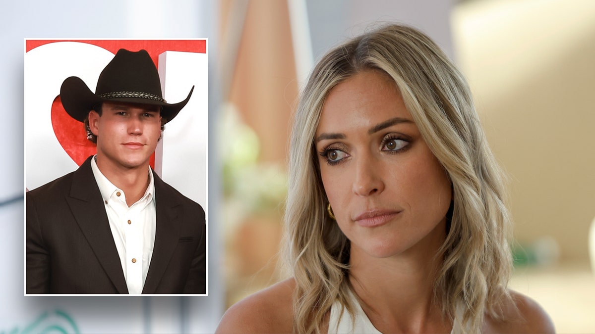 Kristin Cavallari shows off tanned shoulders in a white vest next to Mark Estes in a black cowboy hat.