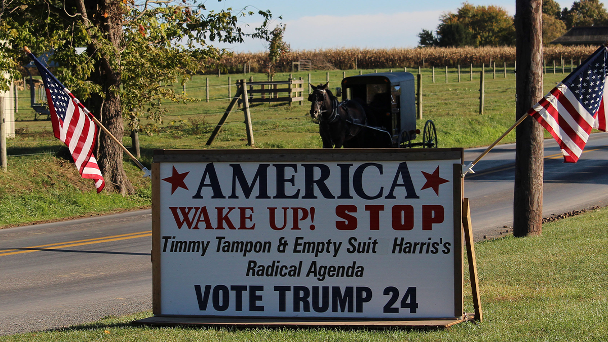 Amish buggy on road behind pro-Trump sign