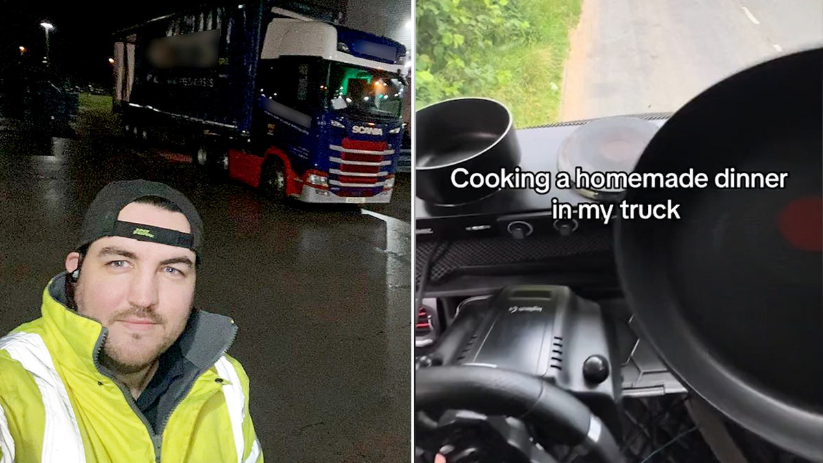 Liam Houghton poses with his truck in the background. He posts videos of himself making meals inside his truck.