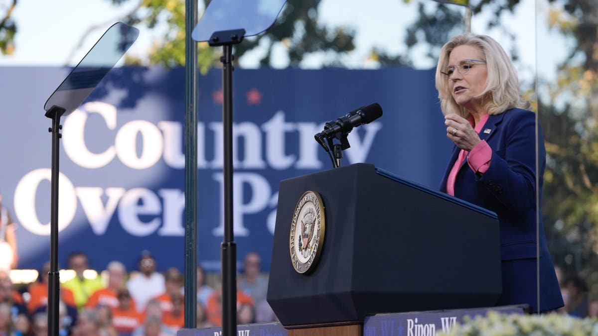 A ex-congressista Liz Cheney, R-Wyo., Fala em um evento de campanha para a vice-presidente democrata indicada à presidência, Kamala Harris, no Ripon College em Ripon, Wisconsin, quinta-feira, 3 de outubro de 2024. (AP Photo/Mark Schiefelbein)