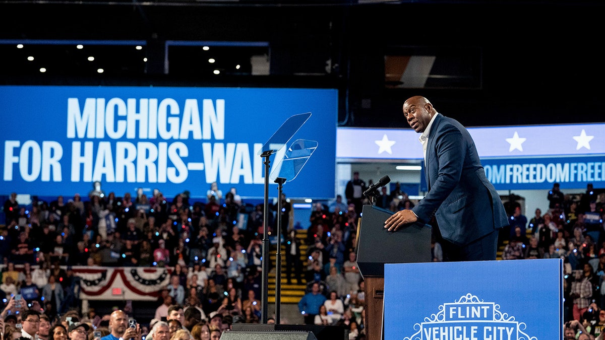 Magic Johnson speaking at Harris rally