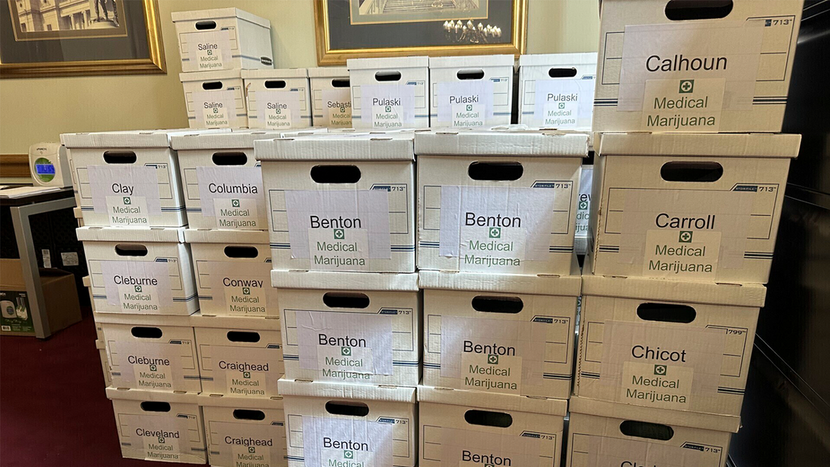 boxes stacked up in office