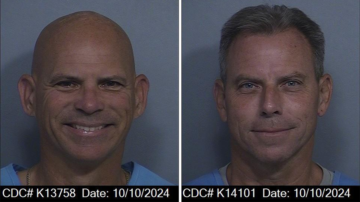 Erik with gray hair and Lyle Menendez, bald, in their most recent mugshots