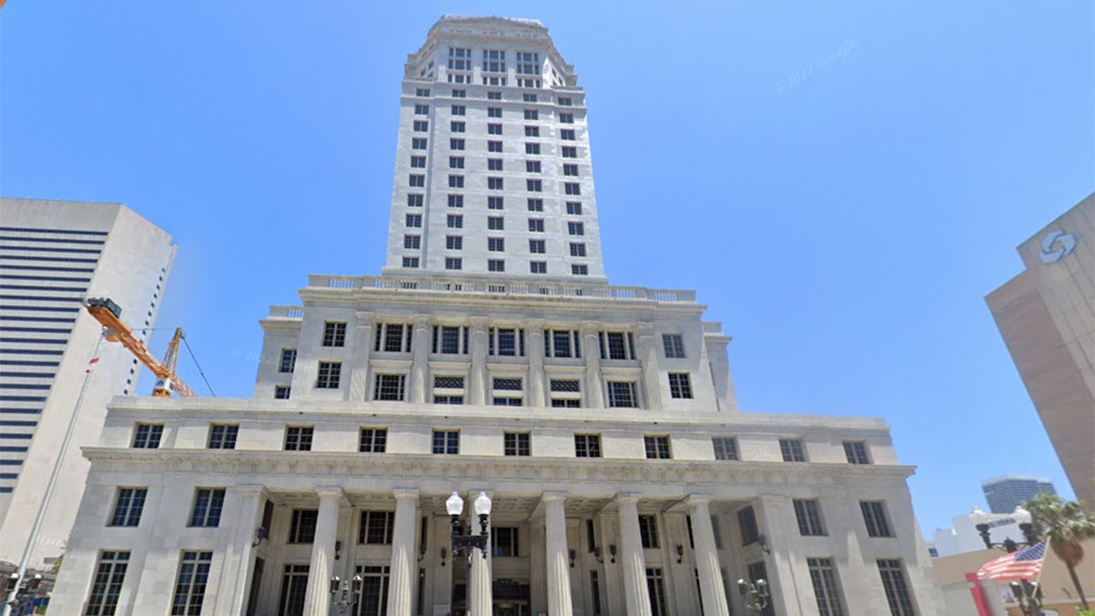 Miami-Dade County Courthouse, located astatine  73 W. Flagler Street successful  Miami, Florida.