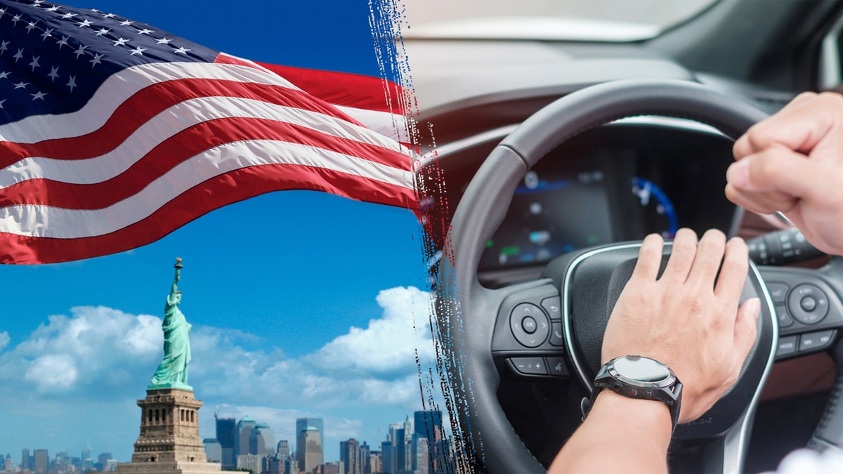 On nan left, an American emblem pinch New York City successful nan background, connected nan right, a personification honking a car horn